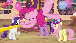 Size: 1280x720 | Tagged: safe, screencap, character:fluttershy, character:pinkie pie, character:twilight sparkle, character:twilight sparkle (alicorn), species:alicorn, species:pony, episode:daring don't, g4, my little pony: friendship is magic, balloon, cake, clothing, cupcake, female, hat, horn, jewelry, magic, mare, national random holiday party day, party, party hat, party horn, teacup, telekinesis, tiara