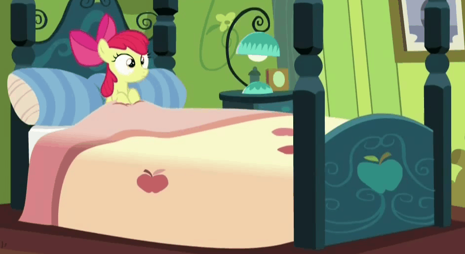 Size: 942x515 | Tagged: safe, screencap, character:apple bloom, episode:bloom and gloom, g4, my little pony: friendship is magic, animated, bed, female, filly, frown, looking around, open mouth, sitting, solo