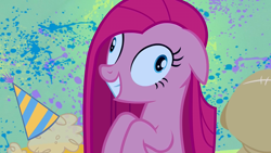 Size: 1280x720 | Tagged: safe, screencap, character:pinkamena diane pie, character:pinkie pie, species:pony, episode:party of one, g4, my little pony: friendship is magic, abstract background, clothing, deranged, dust bunny, female, grin, hat, madame leflour, mare, party hat, sir lintsalot, slasher smile, smiling, wall eyed