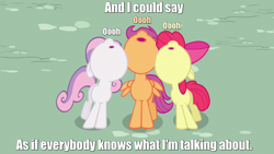 Size: 1280x720 | Tagged: safe, screencap, character:apple bloom, character:scootaloo, character:sweetie belle, species:pegasus, species:pony, caption, cutie mark crusaders, lyrics, paul simon