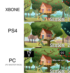 Size: 924x960 | Tagged: safe, screencap, season 1, season 5, clubhouse, comparison, console wars, crusaders clubhouse, op is a duck, op is trying to start shit, pc master race, playstation 4, season 2, treehouse, xbox one