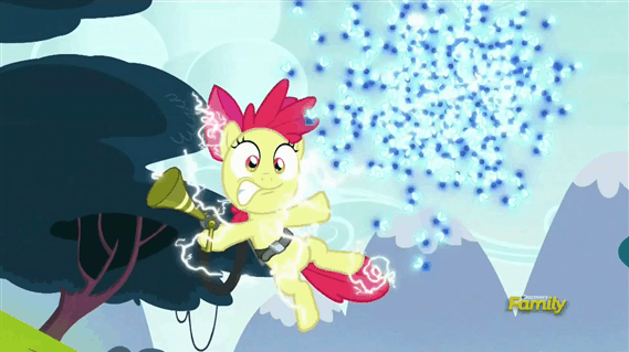 Size: 569x319 | Tagged: safe, screencap, character:apple bloom, episode:bloom and gloom, g4, my little pony: friendship is magic, animated, electricity, pest control gear, shocked, solo, twitbuster apple bloom, twittermite