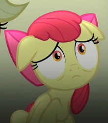 Size: 585x665 | Tagged: safe, screencap, character:apple bloom, episode:bloom and gloom, g4, my little pony: friendship is magic, cute, floppy ears, frown, sad, sadorable, shrunken pupils, solo