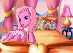 Size: 651x470 | Tagged: safe, screencap, character:pinkie pie, species:human, episode:starsong and the magic dance shoes, g3, bed, doll