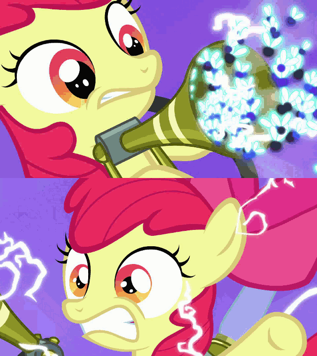 Size: 640x720 | Tagged: safe, screencap, character:apple bloom, episode:bloom and gloom, g4, my little pony: friendship is magic, animated, comparison, pest control gear, twitbuster apple bloom, twittermite