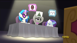 Size: 1280x720 | Tagged: safe, screencap, character:dj pon-3, character:octavia melody, character:rarity, character:vinyl scratch, episode:bloom and gloom, g4, my little pony: friendship is magic, eye of providence, illuminati, le lenny face, music judges meme, shaquille o'neal, vinyl and octavia are not impressed