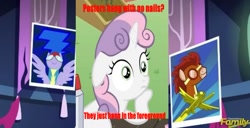 Size: 693x355 | Tagged: safe, screencap, character:soarin', character:sweetie belle, species:pony, episode:castle sweet castle, g4, my little pony: friendship is magic, exploitable meme, image macro, meme, poster, sudden clarity sweetie belle, unnamed pony, wonderbolts poster