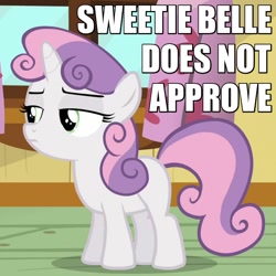Size: 600x600 | Tagged: safe, screencap, character:sweetie belle, episode:bloom and gloom, g4, my little pony: friendship is magic, caption, disapproval, image macro, reaction image, solo, unamused