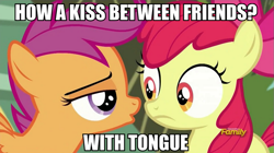 Size: 891x500 | Tagged: safe, screencap, character:apple bloom, character:scootaloo, species:pegasus, species:pony, ship:scootabloom, female, image macro, lesbian, meme, shipping