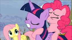 Size: 1366x768 | Tagged: safe, screencap, character:fluttershy, character:parasol, character:pinkie pie, character:twilight sparkle, character:twilight sparkle (alicorn), species:alicorn, species:pony, episode:tanks for the memories, g4, my little pony: friendship is magic, female, mare, out of context