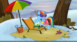 Size: 1661x919 | Tagged: safe, screencap, character:rainbow dash, character:tank, episode:tanks for the memories, g4, my little pony: friendship is magic, clothing, midriff, rainbow dash always dresses in style, shutter shades, sunglasses, sunscreen, swimsuit, umbrella, winter swimsuit