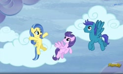 Size: 1535x920 | Tagged: safe, screencap, character:clear skies, character:open skies, character:sunshower, species:pony, episode:tanks for the memories, g4, my little pony: friendship is magic, abbott and costello, background pony, who's on first?