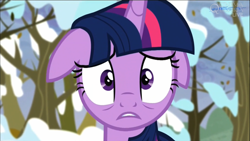 Size: 1366x768 | Tagged: safe, screencap, character:twilight sparkle, character:twilight sparkle (alicorn), species:alicorn, species:pony, episode:tanks for the memories, g4, my little pony: friendship is magic, floppy ears, larson you magnificent bastard, snow, solo, tree, twilight starkle, winter is coming