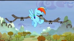 Size: 1073x603 | Tagged: safe, screencap, character:rainbow dash, species:bird, episode:tanks for the memories, g4, my little pony: friendship is magic, animal, canada goose, canadian honker, duck bill, duck pony, flying, goose, migration, pegaduck, rainbow dash is a duck, rainbow duck, rainbow goose