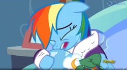 Size: 1657x916 | Tagged: safe, screencap, character:rainbow dash, character:tank, episode:tanks for the memories, g4, my little pony: friendship is magic, bathrobe, clothing, crying, dashie slippers, sad