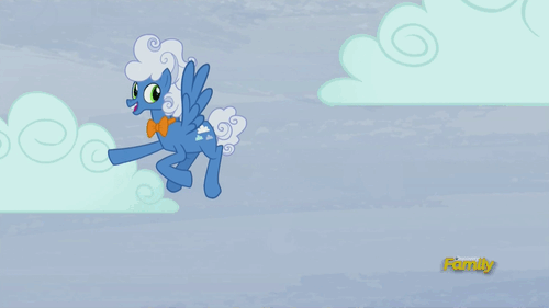 Size: 500x281 | Tagged: safe, screencap, character:fluffy clouds, episode:tanks for the memories, g4, my little pony: friendship is magic, animated, bow tie, discovery family, discovery family logo, solo, waving