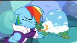 Size: 1077x601 | Tagged: safe, screencap, character:rainbow dash, character:tank, episode:tanks for the memories, g4, my little pony: friendship is magic, bathrobe, bed, clothing, crying, dashie slippers, eyes closed, floppy ears, frown, hug, nuzzling, sad, slippers