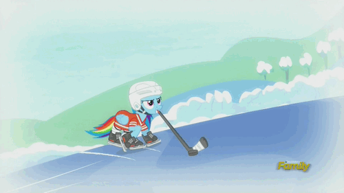 Size: 500x281 | Tagged: safe, screencap, character:rainbow dash, character:tank, episode:tanks for the memories, g4, my little pony: friendship is magic, animated, clothing, discovery family, discovery family logo, eyebrow wiggle, helmet, hockey puck, hockey stick
