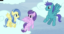 Size: 1248x657 | Tagged: safe, screencap, character:clear skies, character:open skies, character:sunshower, species:pegasus, species:pony, episode:tanks for the memories, g4, my little pony: friendship is magic, abbott and costello, background pony, cloud, cropped, female, flying, male, mare, stallion, trio, who's on first?