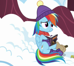Size: 1203x1066 | Tagged: safe, screencap, character:daring do, character:rainbow dash, species:pegasus, species:pony, episode:tanks for the memories, g4, my little pony: friendship is magic, book, boots, cap, clothing, cute, dashabetes, female, hat, implied tank, mare, saddle bag, scarf, shy, shy dashie, sitting, smiling, snow, solo