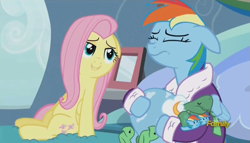 Size: 1249x713 | Tagged: safe, screencap, character:fluttershy, character:rainbow dash, character:tank, episode:tanks for the memories, g4, my little pony: friendship is magic, bathrobe, clothing, crying, dashie slippers, lidded eyes, tank slippers
