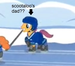 Size: 775x691 | Tagged: safe, screencap, character:scootaloo, species:pegasus, species:pony, episode:tanks for the memories, g4, my little pony: friendship is magic, caption, forecheck, harsher in hindsight, helmet, hockey, hockey stick, ice hockey, ice skates, image macro, male, mouth hold, needs more jpeg, scootadad, scootaloo's parents, solo focus, stallion, text