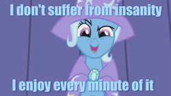 Size: 853x480 | Tagged: safe, screencap, character:trixie, species:pony, species:unicorn, crazy trixie, female, image macro, mare, meme, solo, trixie yells at everything