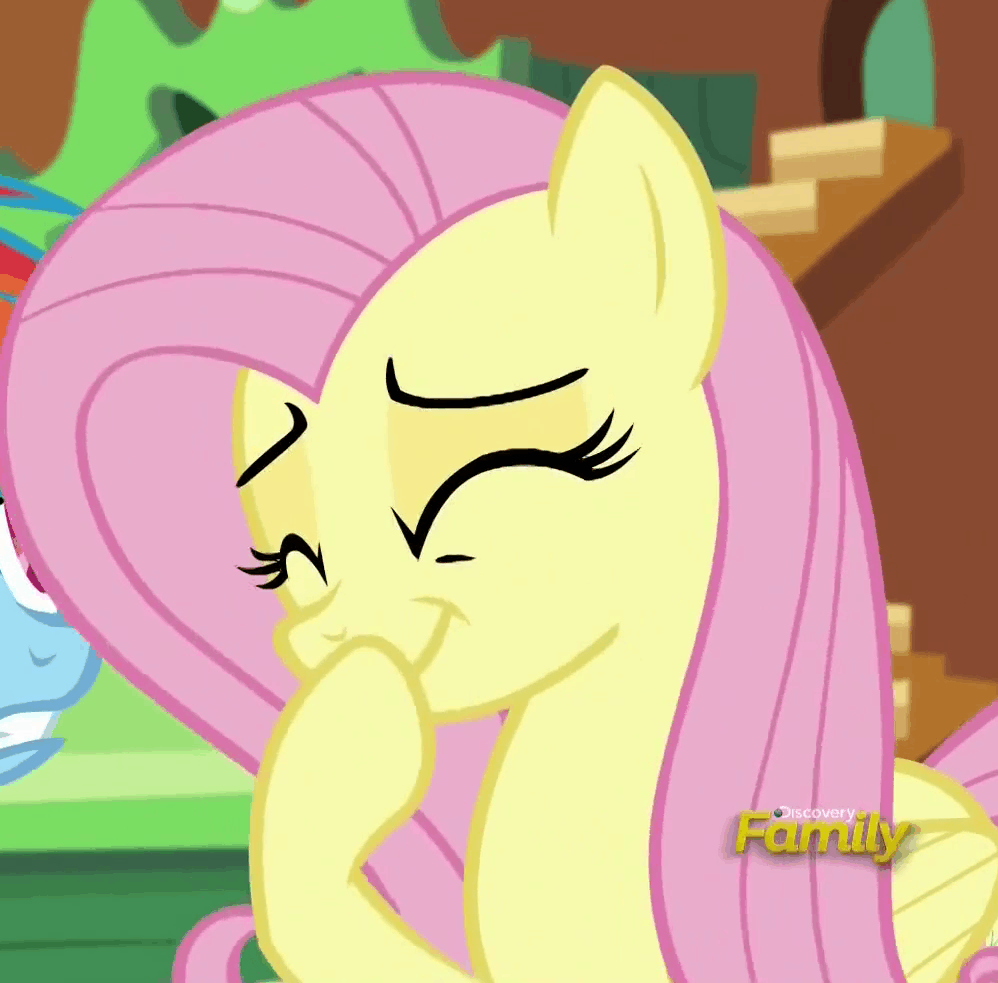 Size: 998x983 | Tagged: safe, screencap, character:fluttershy, character:rainbow dash, episode:tanks for the memories, g4, my little pony: friendship is magic, animated, cute, eyes closed, giggling, shyabetes, smiling