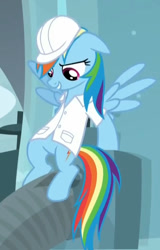 Size: 544x849 | Tagged: safe, screencap, character:rainbow dash, species:pegasus, species:pony, episode:tanks for the memories, g4, my little pony: friendship is magic, clothing, context is for the weak, cropped, female, hard hat, hat, lab coat, mare, pipes, solo, weather factory uniform