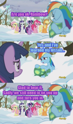 Size: 416x701 | Tagged: safe, screencap, character:applejack, character:fluttershy, character:pinkie pie, character:rainbow dash, character:rarity, character:tank, character:twilight sparkle, character:twilight sparkle (alicorn), species:alicorn, species:pony, episode:tanks for the memories, g4, my little pony: friendship is magic, blue text, caption, female, floppy ears, frown, hug, image macro, mare, meme, open mouth, purple text, reality ensues, sad, snow, this will end in jail time