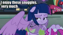 Size: 960x540 | Tagged: safe, screencap, character:spike, character:twilight sparkle, character:twilight sparkle (alicorn), species:alicorn, species:dog, ship:twispike, my little pony:equestria girls, cute, ears, female, image macro, male, meme, ponied up, shipping, spike the dog, straight, wings