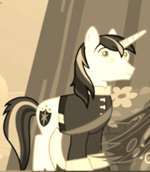 Size: 376x434 | Tagged: safe, screencap, character:shining armor, species:pony, species:unicorn, episode:a canterlot wedding, g4, my little pony: friendship is magic, clothing, cropped, hypnosis, hypnotized, male, sepia, shrunken pupils, solo focus, stallion, uniform, wide eyes