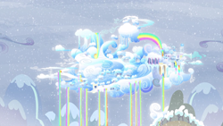 Size: 1918x1080 | Tagged: safe, screencap, episode:tanks for the memories, g4, my little pony: friendship is magic, background, city, cloud, cloudsdale, no pony, rainbow, rainbow waterfall, scenery, snow, weather factory
