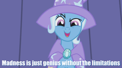 Size: 960x540 | Tagged: safe, screencap, character:trixie, species:pony, species:unicorn, crazy trixie, female, image macro, mare, meme, solo, text, trixie yells at everything