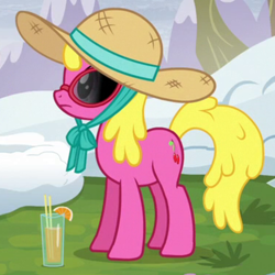 Size: 500x500 | Tagged: safe, screencap, character:cherry berry, species:earth pony, species:pony, episode:tanks for the memories, g4, my little pony: friendship is magic, background pony, clothing, confused, cropped, drink, female, grass, hat, mare, orange, ribbon, snow, solo, straw, straw hat, sunglasses