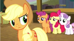 Size: 855x469 | Tagged: safe, screencap, character:apple bloom, character:applejack, character:scootaloo, character:sweetie belle, species:pegasus, species:pony, episode:appleoosa's most wanted, g4, my little pony: friendship is magic, cutie mark crusaders