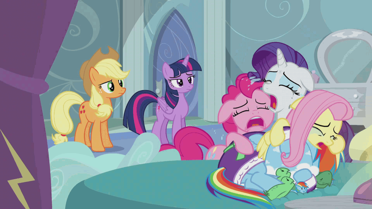 Size: 1248x702 | Tagged: safe, screencap, character:applejack, character:fluttershy, character:pinkie pie, character:rainbow dash, character:rarity, character:tank, character:twilight sparkle, character:twilight sparkle (alicorn), species:alicorn, species:pony, episode:tanks for the memories, g4, my little pony: friendship is magic, animated, bathrobe, bed, calm, clothing, cry pile, crying, crying inside, dashie slippers, dresser, female, incredulous, leg wiggle, mare, rainbow dash's house, robe, skeptical, sleeping, slippers, snuggling, squirming, stoic, tank slippers