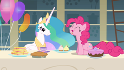 Size: 1366x768 | Tagged: safe, screencap, character:pinkie pie, character:princess celestia, species:alicorn, species:earth pony, species:pony, episode:a bird in the hoof, g4, my little pony: friendship is magic, balloon, cake, cupcake, eating, eyes closed, female, lidded eyes, mare, open mouth, pie, puffy cheeks, sandwich, sitting, smiling