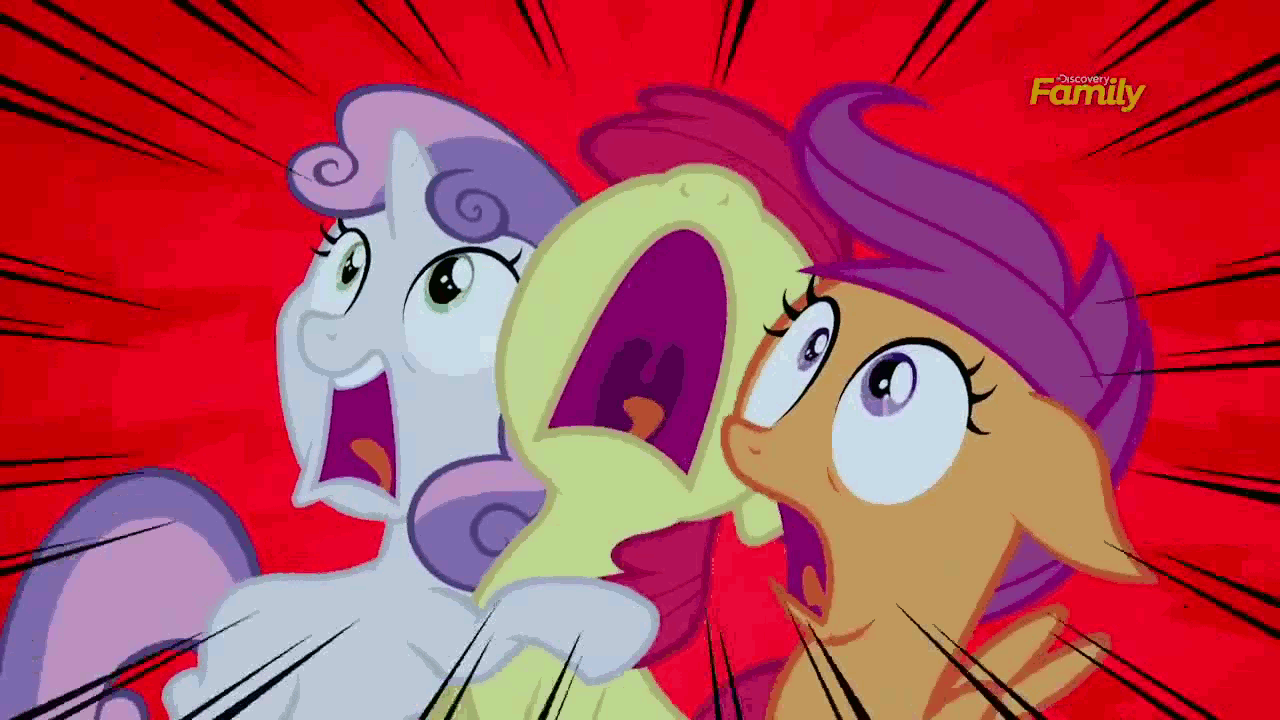 Size: 1280x720 | Tagged: safe, screencap, character:apple bloom, character:scootaloo, character:sweetie belle, species:pegasus, species:pony, episode:appleoosa's most wanted, g4, my little pony: friendship is magic, animated, cutie mark crusaders, scared, screaming