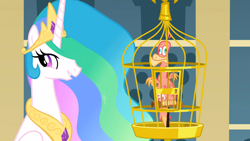 Size: 1366x768 | Tagged: safe, screencap, character:philomena, character:princess celestia, species:alicorn, species:bird, species:phoenix, species:pony, episode:a bird in the hoof, g4, my little pony: friendship is magic, birdcage, cage, duo, ethereal mane, female, mare