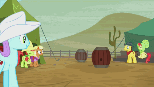 Size: 500x281 | Tagged: safe, screencap, character:apple bumpkin, character:bandana baldwin, character:high stakes, character:peachy sweet, character:prairie belle, species:earth pony, species:pony, episode:appleoosa's most wanted, g4, my little pony: friendship is magic, animated, apple family member, background pony, barrel, bow, clothing, cowboy hat, dress, eyes closed, female, hair bow, hat, lithobraking, male, mare, mccree, neckerchief, stallion, unnamed pony