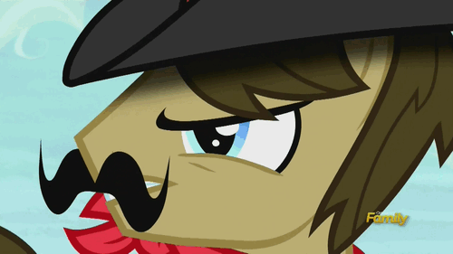 Size: 500x281 | Tagged: safe, screencap, character:applejack, character:braeburn, character:sheriff silverstar, species:earth pony, species:pony, episode:appleoosa's most wanted, g4, my little pony: friendship is magic, animated, clothing, clown, cowboy hat, diegetic music, discovery family, discovery family logo, facial hair, harmonica, hat, hay bale, makeup, male, moustache, musical instrument, rodeo clown, stallion, stetson