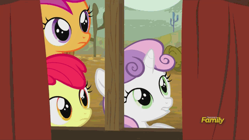 Size: 500x281 | Tagged: safe, screencap, character:apple bloom, character:scootaloo, character:sheriff silverstar, character:sweetie belle, species:pegasus, species:pony, episode:appleoosa's most wanted, g4, my little pony: friendship is magic, animated, cutie mark crusaders, discovery family, discovery family logo, key, magic, sweetie belle's magic brings a great big smile