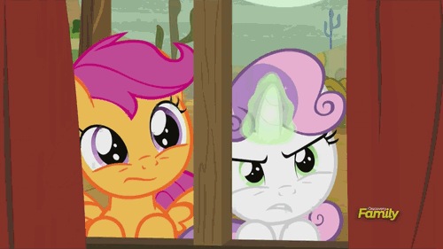 Size: 500x281 | Tagged: safe, screencap, character:scootaloo, character:sheriff silverstar, character:sweetie belle, species:pegasus, species:pony, episode:appleoosa's most wanted, g4, my little pony: friendship is magic, animated, discovery family, discovery family logo, key, sweetie belle's magic brings a great big smile