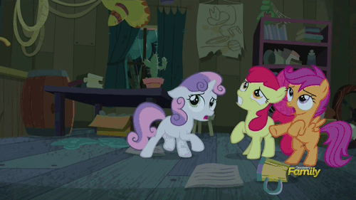 Size: 500x281 | Tagged: safe, screencap, character:apple bloom, character:scootaloo, character:sweetie belle, character:trouble shoes, species:earth pony, species:pegasus, species:pony, species:unicorn, episode:appleoosa's most wanted, g4, my little pony: friendship is magic, anal insertion, animated, cactus, crash, cutie mark crusaders, discovery family, discovery family logo, falling, female, filly, frown, insertion, literal butthurt, male, open mouth, pain, rain, running, scared, sitting, stallion, wide eyes