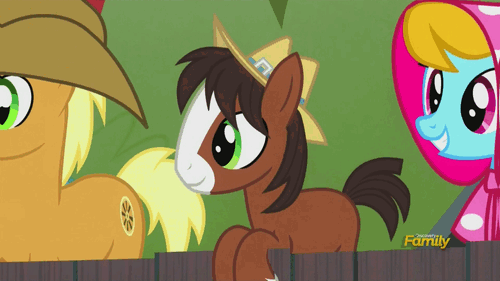 Size: 500x281 | Tagged: safe, screencap, character:trouble shoes, species:pony, episode:appleoosa's most wanted, g4, my little pony: friendship is magic, animated, clothing, colt, cute, discovery family, discovery family logo, grin, hat, leaning, male, open mouth, smiling, troublebetes