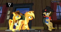 Size: 1600x855 | Tagged: safe, screencap, character:applejack, character:braeburn, character:sheriff silverstar, episode:appleoosa's most wanted, g4, my little pony: friendship is magic, meme, youtube caption