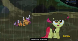Size: 1600x855 | Tagged: safe, screencap, character:apple bloom, character:scootaloo, character:sweetie belle, species:pegasus, species:pony, episode:appleoosa's most wanted, g4, my little pony: friendship is magic, cutie mark crusaders, meme, messy, mud, rain, youtube caption