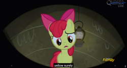 Size: 1600x855 | Tagged: safe, screencap, character:apple bloom, character:trouble shoes, episode:appleoosa's most wanted, g4, my little pony: friendship is magic, meme, offscreen character, pov, youtube caption