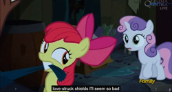 Size: 1600x855 | Tagged: safe, screencap, character:apple bloom, character:sweetie belle, character:trouble shoes, episode:appleoosa's most wanted, g4, my little pony: friendship is magic, meme, youtube caption